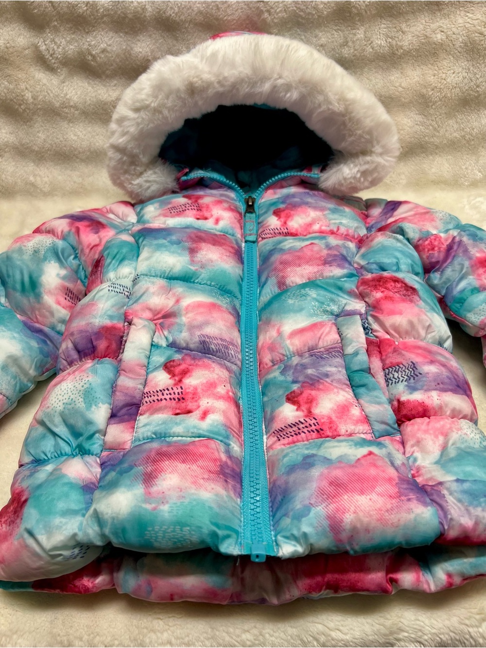 SNOZU Girls' Watercolor Puffer Winter Coat w/ Faux Fur Trim Pink, Aqua & Purple